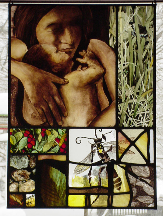 this stained glass panel emphasizes glass painting drawing imagery from grass, insects, berries, rocks leaves and an altered painting of mother and child by Caravaggio